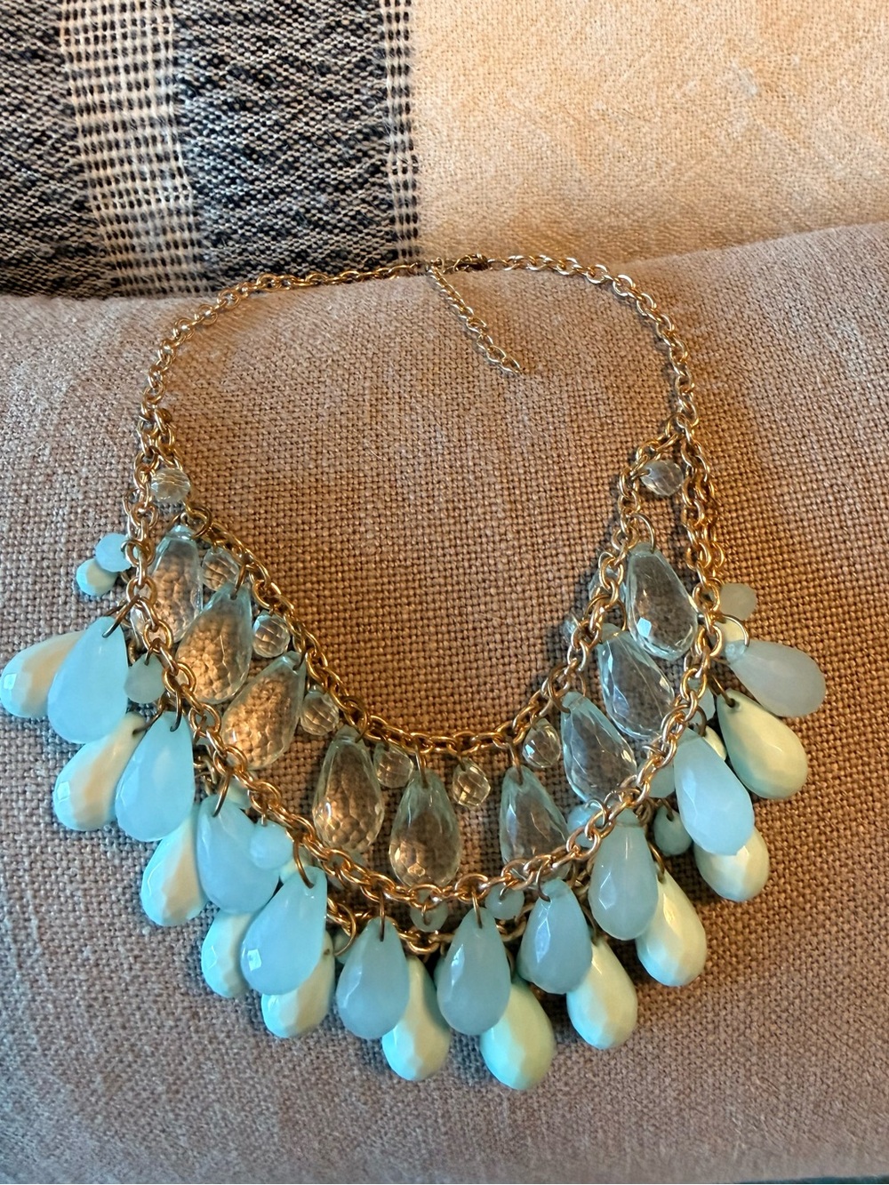 Elegant Gold-Chain Necklace with Light Blue Teardrop Beads